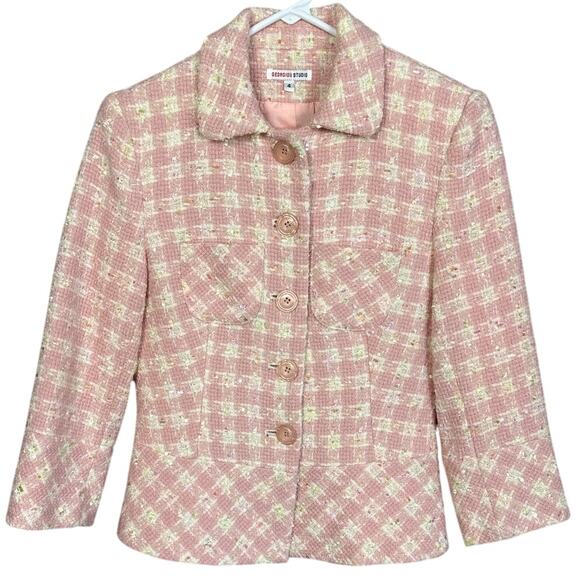 Georgiou Studio Wool Blazer Pink Cream Plaid Round Collar SZ 4 Feminine Classic - Picture 1 of 9